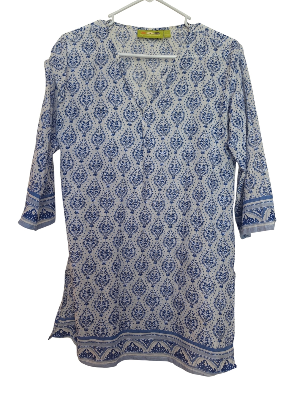 Rock Flower Paper Blue & White Printed V Neck Tunic Cotton Top SZ Small